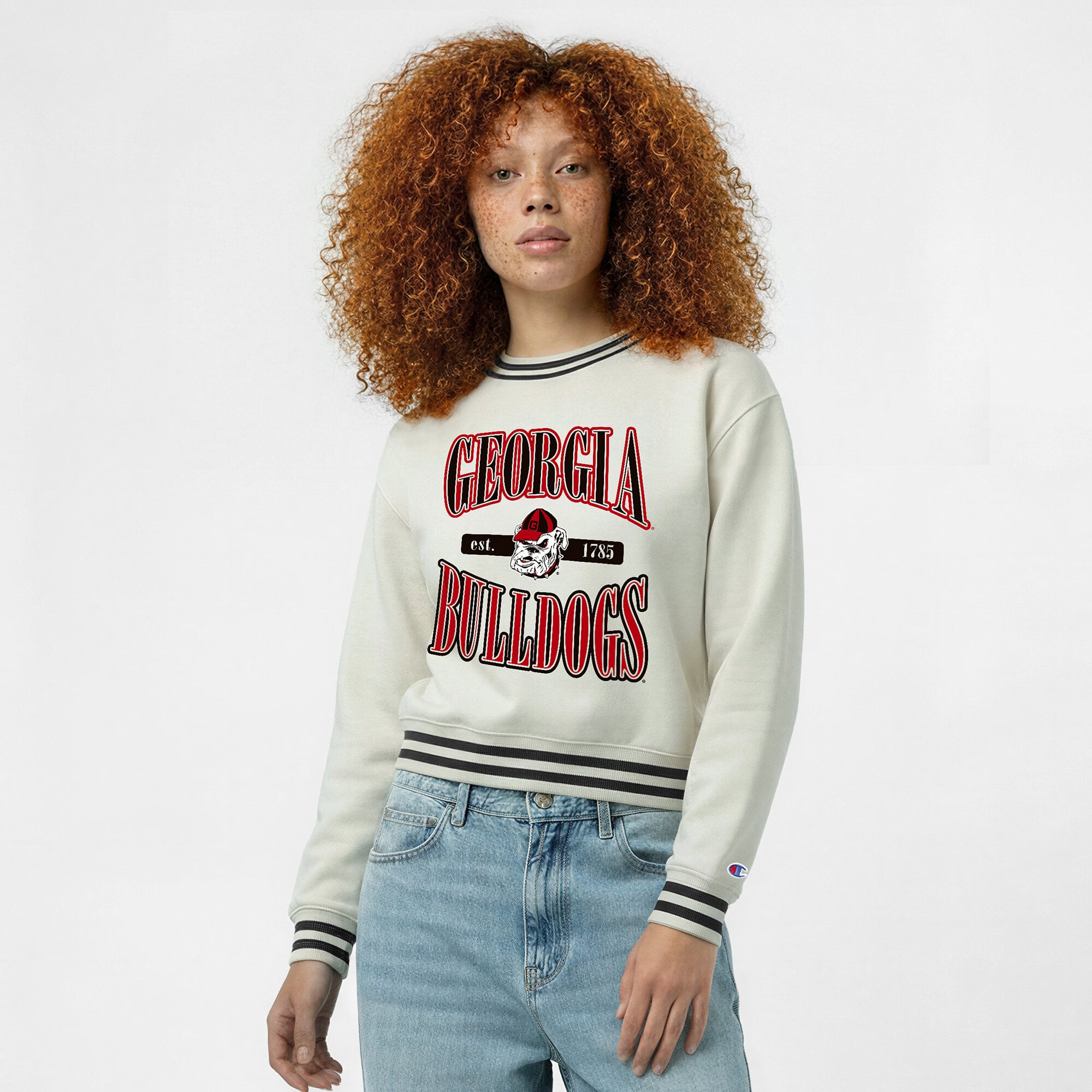 Women's Champion  White Georgia Bulldogs Yarn Dye Rib Reverse Weave Crew Sweatshirt